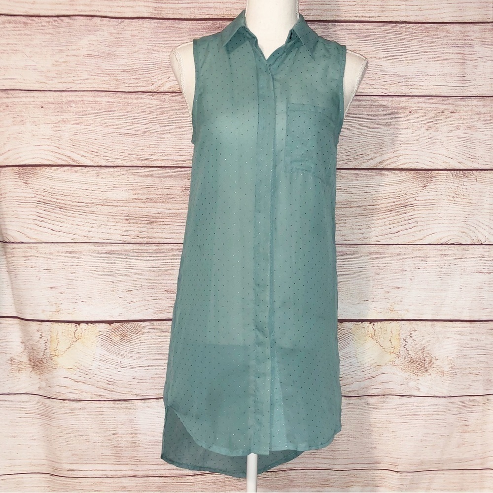 Lush Green Sheer with Gold Dots Tunic Button Up Blouse Size XS